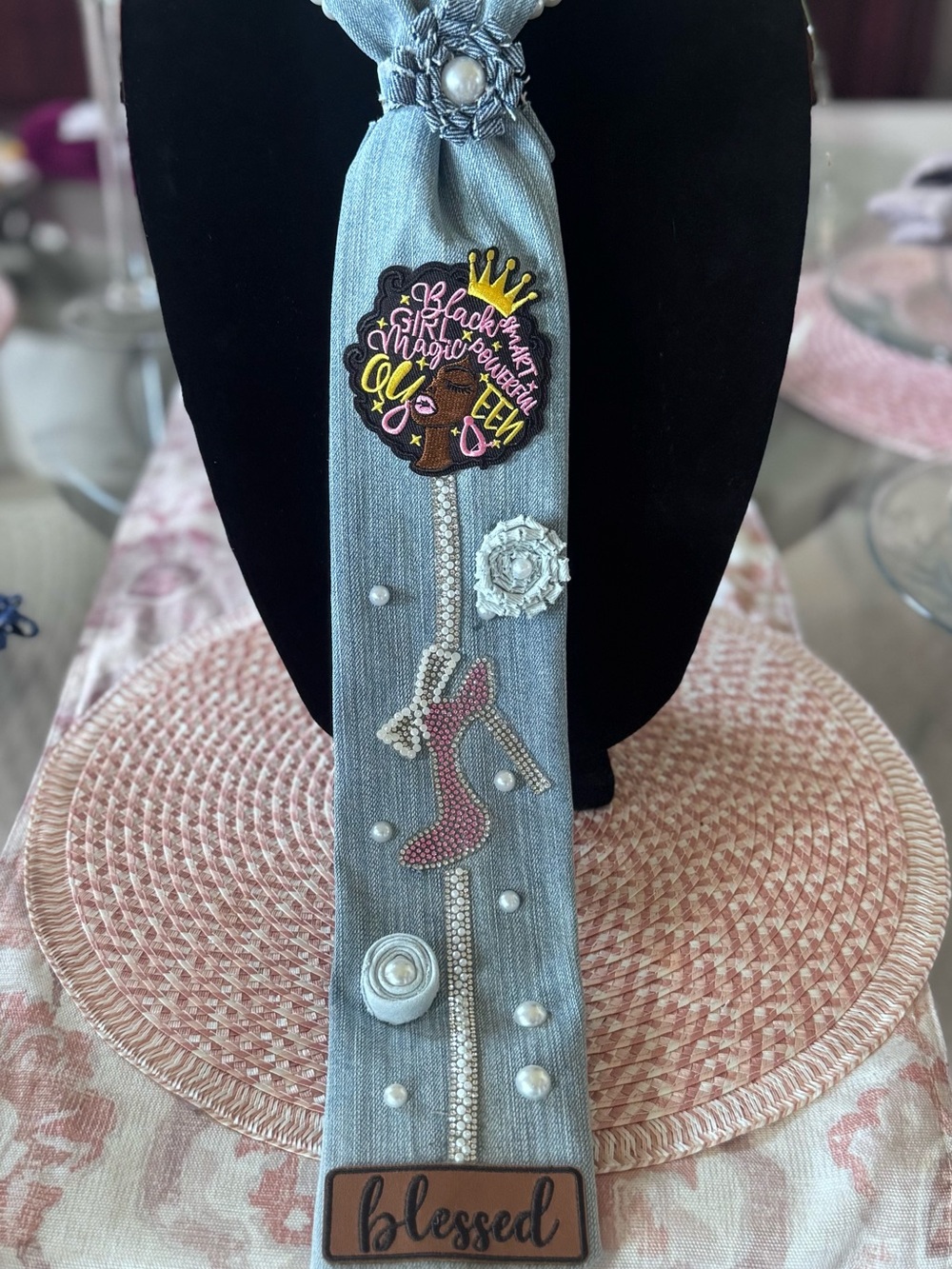 Handmade Black Girl Magic Denim Necktie Necklace - Picture 2 of 6